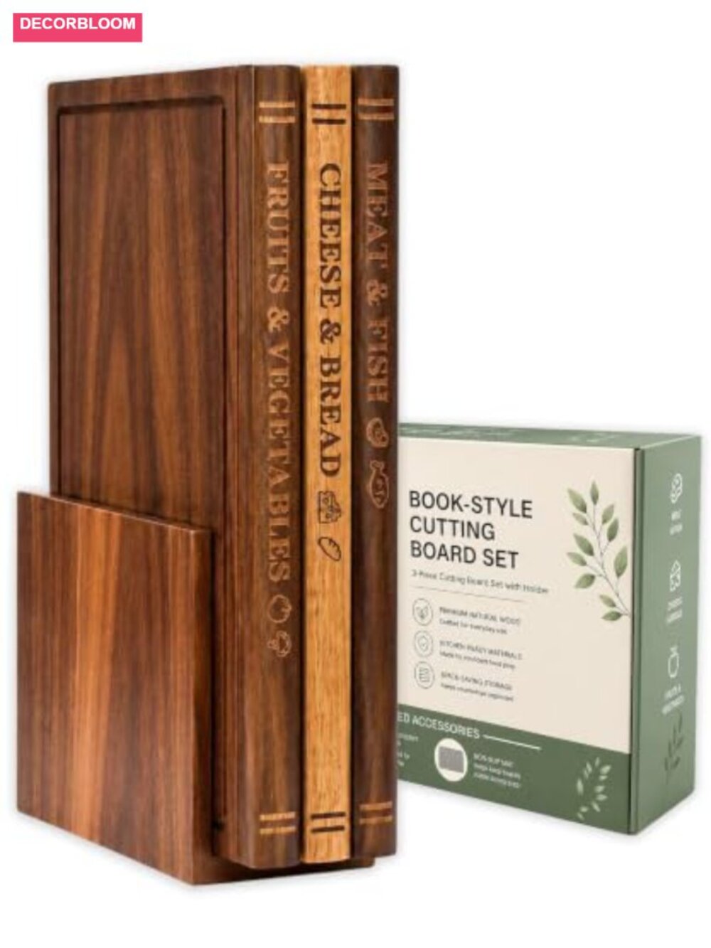 Acacia Wood Book Cutting Board Set 3 Boards with Stand Kitchen Decor